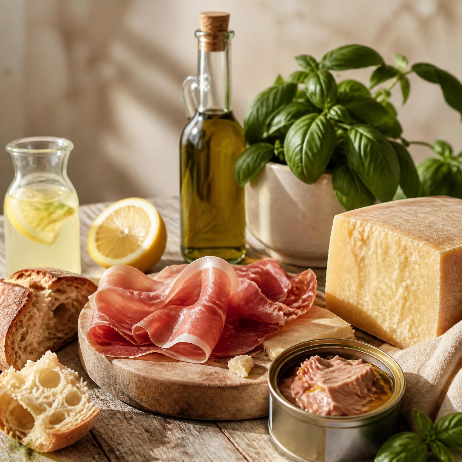 Itališkų produktų natiurmortas su alyvuogių aliejumi ir duona